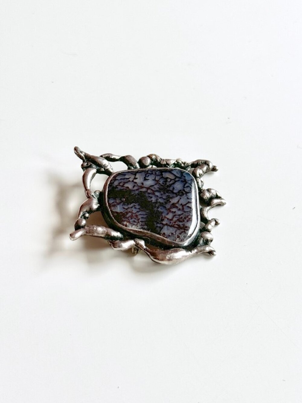 Vintage MK Sterling Silver Brutalist Modernist Purple Agate Brooch Pendant - Picture 4 of 15